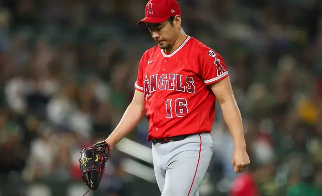 Los Angeles Angels pitcher Yusei Kikuchi walks to the dugout after being pulled from the game during the sixth inning of a baseball game against the Athletics Tuesday, Sept. 22, 2026, in West Sacramento, Calif. (AP Photo/Scott Marshall)