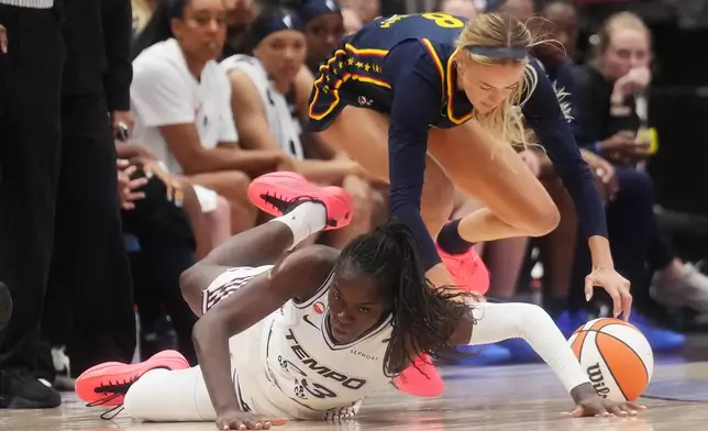 Toronto Tempo's Ornella Bankole, bottom, and Indiana Fever's Sophie Cunningham (8) battle for the ball during the second half of a WNBA basketball game in Toronto, Friday, Sept. 18, 2026. (Nathan Denette/The Canadian Press via AP)