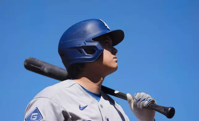 Los Angeles Dodgers designated hitter Shohei Ohtani stands in the on deck circle during the fourth inning of a baseball game against the San Francisco Giants, Saturday, Sept. 26, 2026, in San Francisco. (AP Photo/Jeff Chiu)