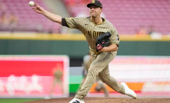 San Diego Padres pitcher Michael King throws during the third inning of a baseball game against the Cincinnati Reds, in Cincinnati, Monday, Aug. 31, 2026. (AP Photo/Carolyn Kaster)