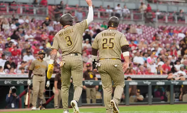 San Diego Padres Jackson Merrill, left, and Ty France, right, walk back to the dugout after scoring on a double hit by Xander Bogaerts during the fourth inning of a baseball game against the Cincinnati Reds, in Cincinnati, Monday, Aug. 31, 2026. (AP Photo/Carolyn Kaster)
