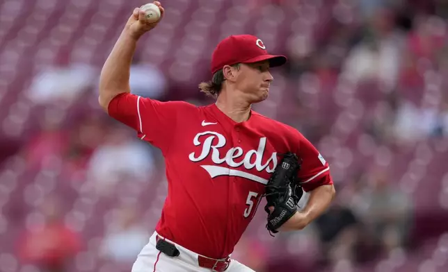 Cincinnati Reds pitcher Brady Singer throws during the first inning of a baseball against the San Diego Padres, in Cincinnati, Monday, Aug. 31, 2026. (AP Photo/Carolyn Kaster)