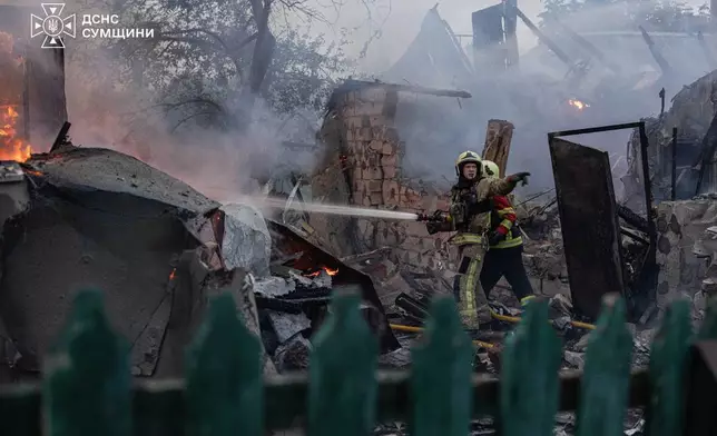 In this photo provided by the Ukrainian Emergency Service, firefighters put out a fire at private homes following a Russian air attack in Sumy, Ukraine, Wednesday, Sept. 16, 2026. (Ukrainian Emergency Service via AP)