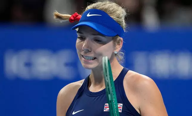 Katie Boulter of Britain reacts during a match against Linda Noskova of Czech Republic in a quarterfinal match for the Billie Jean King Cup held in Shenzhen in southern China's Guangdong province, Tuesday, Sept. 22, 2026. (AP Photo/Andy Wong)
