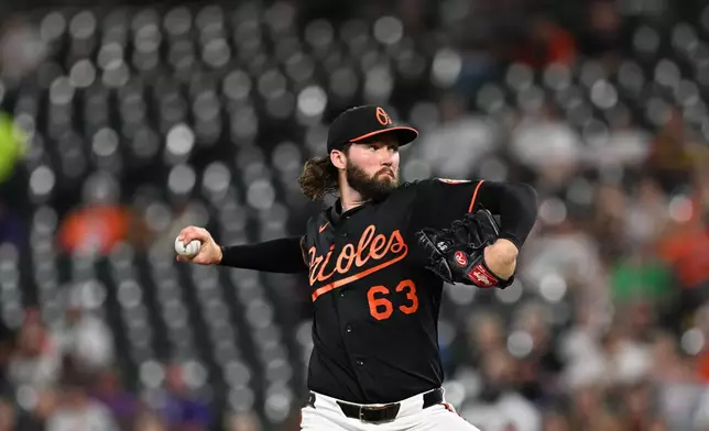 Baltimore Orioles pitcher Brandon Young delivers against the Milwaukee Brewers in the first inning of a baseball game Sunday, Sept. 20, 2026 in Baltimore. (AP Photo/Gail Burton)