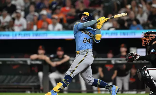 Milwaukee Brewers catcher William Contreras (24) follows through on a solo home run against the Baltimore Orioles in the fourth inning of a baseball game on Sunday, Sept. 20, 2026, in Baltimore. (AP Photo/Gail Burton)