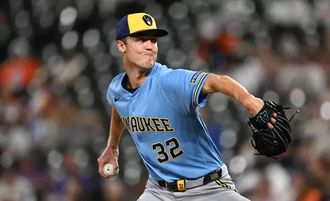 Milwaukee Brewers pitcher Jacob Misiorowski (32) delivers a pitch against the Baltimore Orioles in the first inning of a baseball game, Sunday, Sept. 20, 2026, in Baltimore. (AP Photo/Gail Burton)