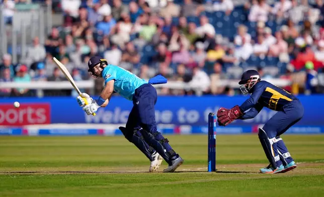 England's Joe Root bats during the 1st one day international cricket match between England and Sri Lanka in Chester-le-Street, England, Tuesday Sept. 22, 2026. (Owen Humphreys/PA via AP)