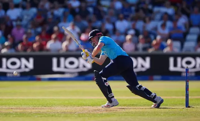 England's Harry Brook bats during the 1st one day international cricket match between England and Sri Lanka in Chester-le-Street, England, Tuesday Sept. 22, 2026. (Owen Humphreys/PA via AP)