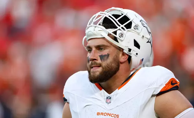 Denver Broncos defensive end Zach Allen looks on prior to an NFL football game against the Kansas City Chiefs, Monday, Sept. 14, 2026, in Kansas City, Mo. (AP Photo/Colin E. Braley)