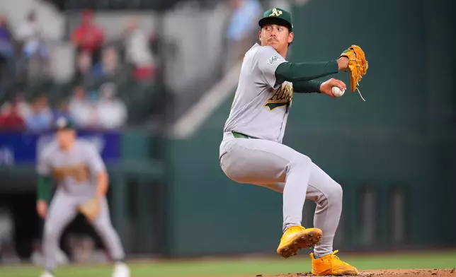 Athletics starting pitcher Gage Jump throws to the Texas Rangers during the first inning of a baseball game Monday, Aug. 31, 2026, in Arlington, Texas. (AP Photo/Julio Cortez)
