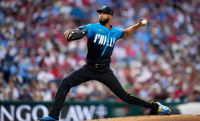 Philadelphia Phillies' Cristopher Sánchez pitches during the second inning of a baseball game against the Atlanta Braves Friday, Sept. 4, 2026, in Philadelphia. (AP Photo/Matt Slocum)