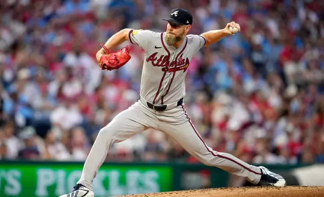 Atlanta Braves' Chris Sale pitches during the second inning of a baseball game against the Philadelphia Phillies Friday, Sept. 4, 2026, in Philadelphia. (AP Photo/Matt Slocum)