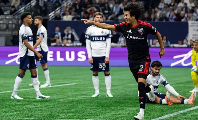 D.C. United's Kimito Nono (2) celebrates after scoring against the Vancouver Whitecaps during the first half of an MLS soccer match in Vancouver, British Columbia, Saturday, Sept. 26, 2026. (Jacob Mallari/The Canadian Press via AP)