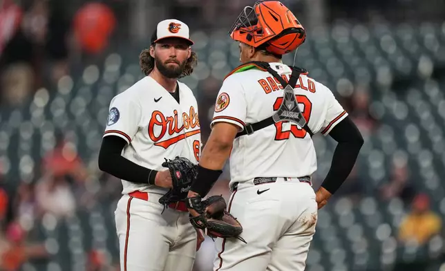 Baltimore Orioles starting pitcher Brandon Young, left, talks with catcher Samuel Basallo during a mound visit in the second inning of a baseball game against the Cleveland Guardians, Tuesday, Sept. 8, 2026, in Baltimore. (AP Photo/Stephanie Scarbrough)