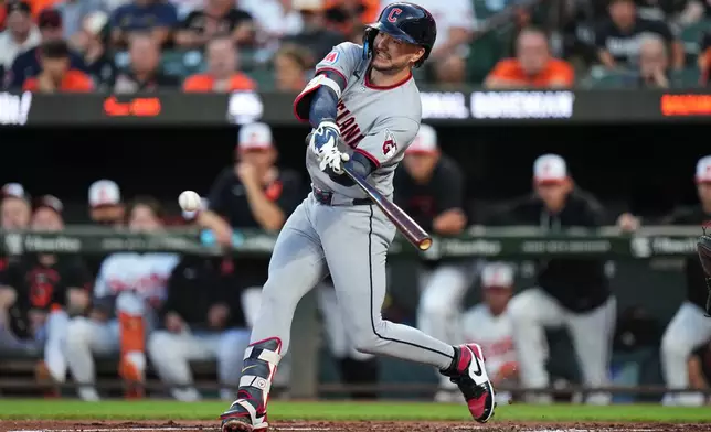Cleveland Guardians' Patrick Bailey hits an RBI single during the second inning of a baseball game against the Baltimore Orioles, Tuesday, Sept. 8, 2026, in Baltimore. (AP Photo/Stephanie Scarbrough)