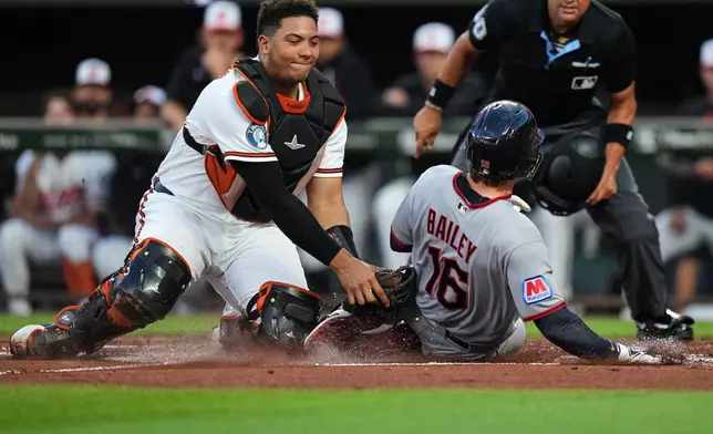 Baltimore Orioles catcher Samuel Basallo, left, tags Cleveland Guardians' Patrick Bailey (16) out at home plate during the second inning of a baseball game, Tuesday, Sept. 8, 2026, in Baltimore. (AP Photo/Stephanie Scarbrough)