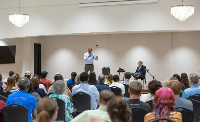 FILE - Rep. Shomari Figures, D-Ala., speaks alongside Doug Jones, a Democratic nominee for Governor of Alabama, at a town hall hosted by Troy University College Democrats and the Pike County Democrats, Aug. 18, 2026, in Troy, Ala. (AP Photo/Vasha Hunt, File)