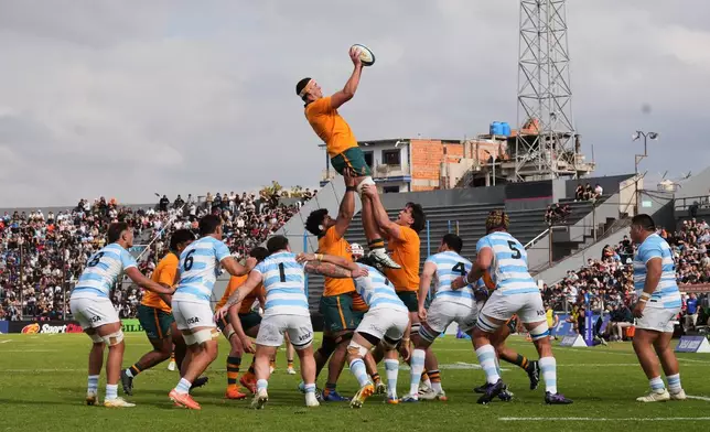 Australia Josh Canham catches the ball during a rugby test match against Argentina in Jujuy, Argentina, Saturday, Aug. 29, 2026. (AP Photo/Gustavo Garello)