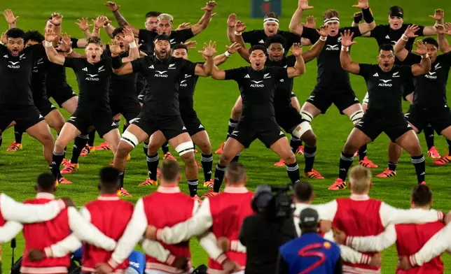 New Zealand's players perform the Haka during an international friendly rugby match between Lions and New Zealand, in Johannesburg, Tuesday, Aug. 25, 2026. (AP Photo/Themba Hadebe)