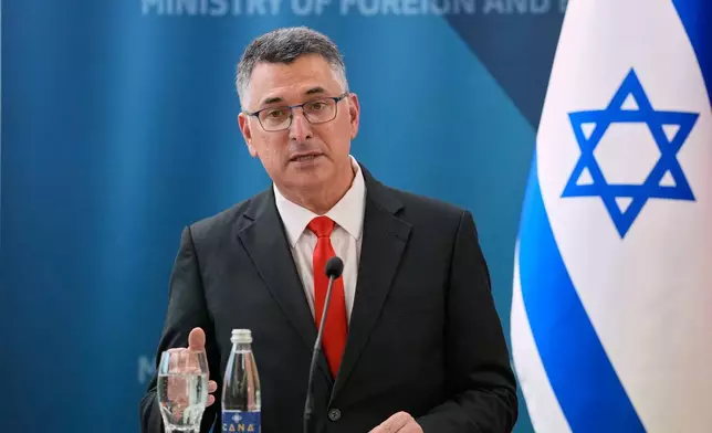 Israel's Foreign Minister Gideon Sa'ar, attends a news conference after signing bilateral agreements with his Slovenian counterpart, in Ljubljana, Slovenia, Wednesday, Sept. 9, 2026. (AP Photo/Darko Bandic)