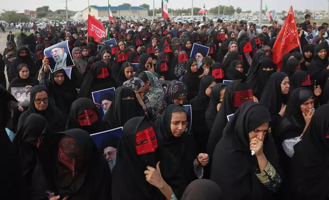 Mourners take part in the funeral procession for people killed when, according to Iranian media and a rights group, a U.S. missile struck a home where a wedding was being held in Kuhestak, southern Iran, Thursday, Sept. 3, 2026. (Razieh Poudat/ISNA via AP)
