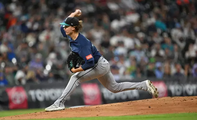 Seattle Mariners starting pitcher Bryce Miller works against the Colorado Rockies during the first inning of a baseball game Saturday, Sept. 19, 2026, in Denver. (AP Photo/RJ Sangosti)