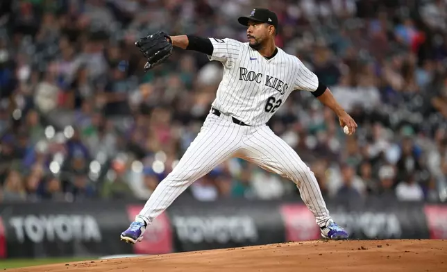 Colorado Rockies starting pitcher Jose Quintana works against the Seattle Mariners during the first inning of a baseball game Saturday, Sept. 19, 2026, in Denver. (AP Photo/RJ Sangosti)