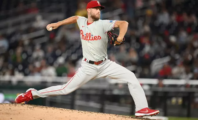Philadelphia Phillies pitcher Zack Wheeler throws during the third inning of a baseball game against the Washington Nationals, Wednesday, Sept. 16, 2026, in Washington. (AP Photo/Nick Wass)