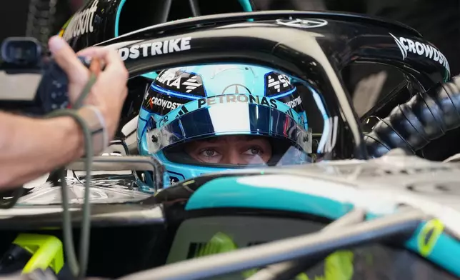 Mercedes driver George Russell of Britain steers his car during the third free practice ahead of the Italian Formula One Grand Prix, in Monza, Italy, Saturday, Sept. 5, 2026. (AP Photo/Antonio Calanni)