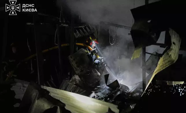 In this photo provided by the Ukrainian Emergency Service, firefighters put out a fire following a Russian missile attack in Kyiv, Ukraine, Tuesday, Sept. 1, 2026. (Ukrainian Emergency Service via AP)