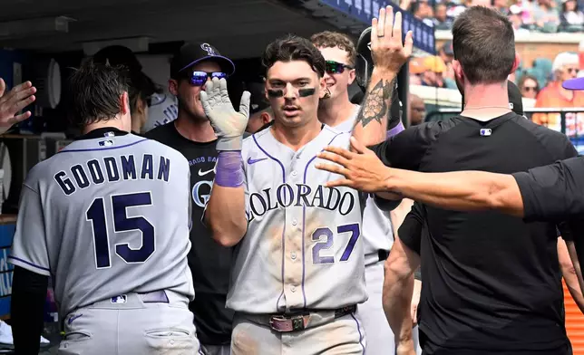 Colorado Rockies' Jordan Beck (27) is congratulated after scoring a run during the fourth inning of a baseball game against the Detroit Tigers, Saturday, Sept. 12, 2026, in Detroit. (AP Photo/Jose Juarez)