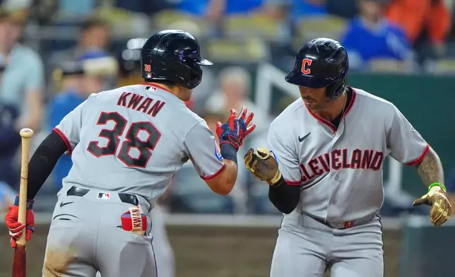 Cleveland Guardians' Brayan Rocchio, right, celebrates with Steven Kwan (38) after hitting a solo home run during the seventh inning of a baseball game against the Kansas City Royals, Saturday, Sept. 26, 2026, in Kansas City, Mo. (AP Photo/Charlie Riedel)