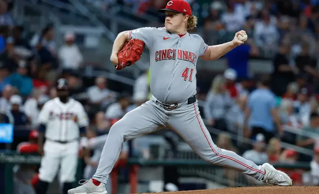 Cincinnati Reds pitcher Andrew Abbott delivers to an Atlanta Braves batter during the first inning of a baseball game, Wednesday, Sept. 23, 2026, in Atlanta. (AP Photo/Erik S. Lesser)