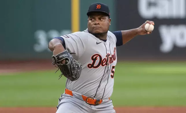 Detroit Tigers starting pitcher Framber Valdez delivers against the Cleveland Guardians during the first inning of a baseball game, Saturday, Sept. 5, 2026, in Cleveland. (AP Photo/Phil Long)