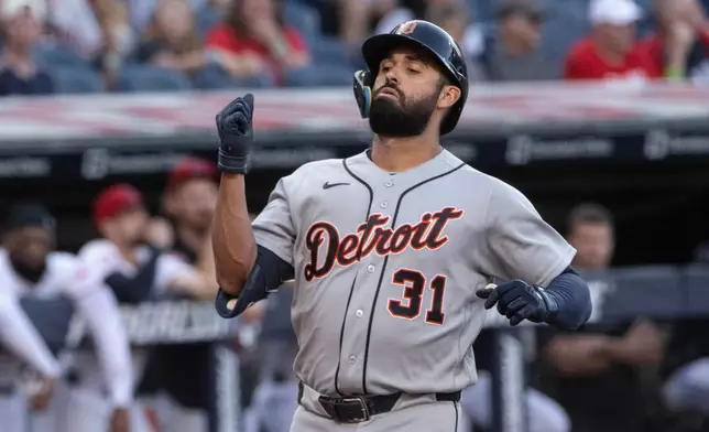 Detroit Tigers' Riley Greene reacts after hitting a solo home run off Cleveland Guardians starting pitcher Parker Messick during the first inning of a baseball game, Saturday, Sept. 5, 2026, in Cleveland. (AP Photo/Phil Long)