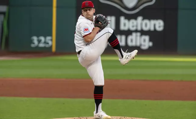Cleveland Guardians starting pitcher Parker Messick delivers against the Detroit Tigers during the first inning of a baseball game, Saturday, Sept. 5, 2026, in Cleveland. (AP Photo/Phil Long)