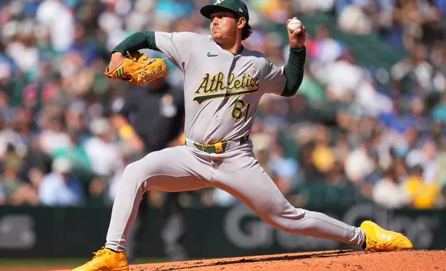 Athletics starting pitcher Gage Jump throws during the second inning of a baseball game against the Seattle Mariners, Sunday, Sept. 6, 2026, in Seattle. (AP Photo/Eric Hiller)
