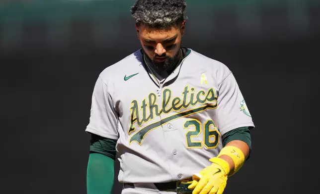Athletics' Carlos Cortes reacts after hitting a groundout during the seventh inning of a baseball game against the Seattle Mariners, Sunday, Sept. 6, 2026, in Seattle. (AP Photo/Eric Hiller)