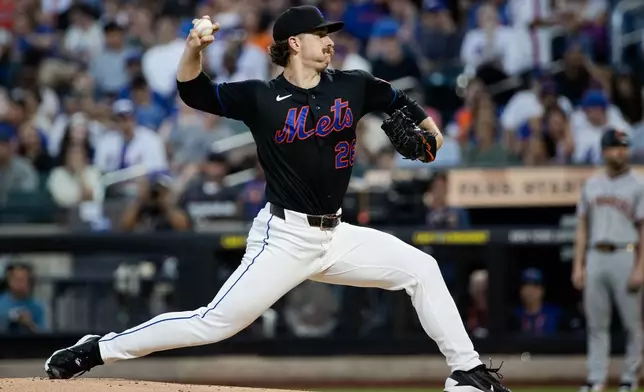 New York Mets pitcher Nolan McLean (26) throws during the first inning of a baseball game against the San Francisco Giants, Friday, Sept. 4, 2026, in New York. (AP Photo/Angelina Katsanis)
