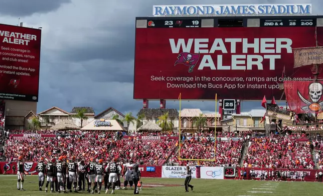 A weather alert is announced during the second half of an NFL football game between the Tampa Bay Buccaneers and the Cleveland Browns in Tampa, Fla., Sunday, Sept. 20, 2026. (AP Photo/Chris O'Meara)