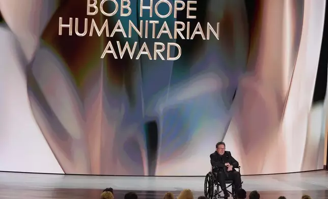 Michael J. Fox accepts the Bob Hope humanitarian award during the 78th Emmy Awards on Monday, Sept. 14, 2026, at the Peacock Theater in Los Angeles. (AP Photo/Chris Pizzello)