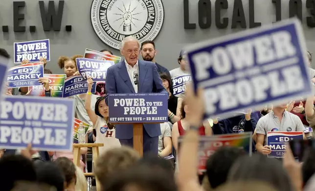 Sen. Ed Markey speaks during a Get Out the Vote event supporting Markey, Saturday, Aug. 29, 2026 in Boston. (AP Photo/Mark Stockwell)