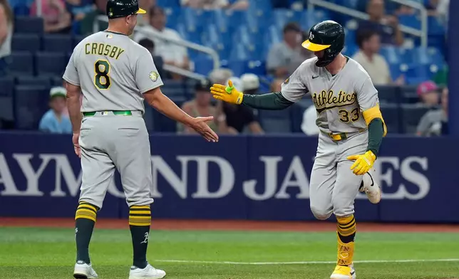Athletics' Henry Bolte (33) celebrates his solo home run off Tampa Bay Rays pitcher Nick Martinez with third base coach Bobby Crosby (8) during the third inning of a baseball game Wednesday, Sept. 16, 2026, in St. Petersburg, Fla. (AP Photo/Chris O'Meara)