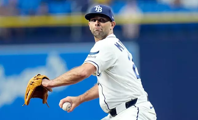Tampa Bay Rays pitcher Nick Martinez delivers to the Athletics during the first inning of a baseball game Wednesday, Sept. 16, 2026, in St. Petersburg, Fla. (AP Photo/Chris O'Meara)