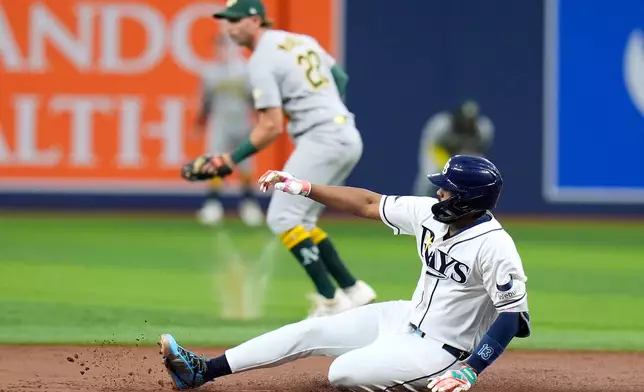 Tampa Bay Rays' Junior Caminero slides into second base with a double in front of Athletics second baseman Jeff McNeil (22) during the first inning of a baseball game Wednesday, Sept. 16, 2026, in St. Petersburg, Fla. (AP Photo/Chris O'Meara)