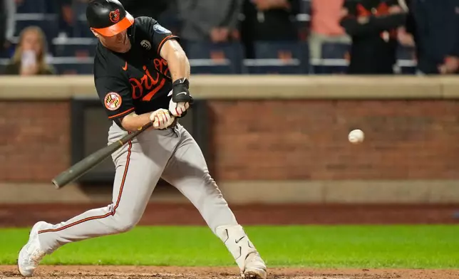 Baltimore Orioles' Pete Alonso hits a solo home run during the ninth inning of a baseball game against the New York Mets, Tuesday, Sept. 15, 2026, in New York. (AP Photo/Seth Wenig)