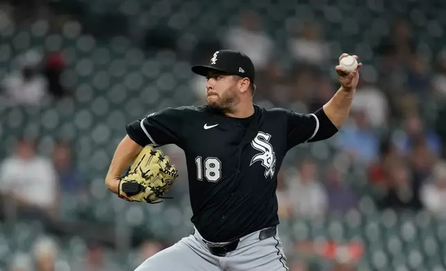 Chicago White Sox starting pitcher Anthony Kay throws against the Houston Astros during the first inning of a baseball game Monday, Aug. 31, 2026, in Houston. (AP Photo/David J. Phillip)