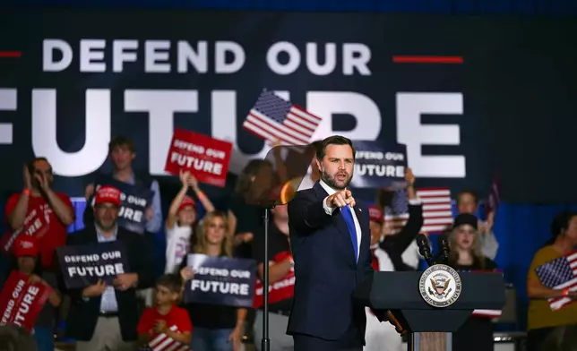Vice President JD Vance speaks at a rally at Koury Convention Center in Greensboro, N.C., Monday, Sept. 21, 2026. (Kent Nishimura/Pool Photo via AP)