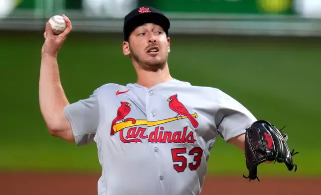 St. Louis Cardinals pitcher Andre Pallante delivers during the first inning of a baseball game against the Pittsburgh Pirates in Pittsburgh, Tuesday, Sept. 22, 2026. (AP Photo/Gene J. Puskar)